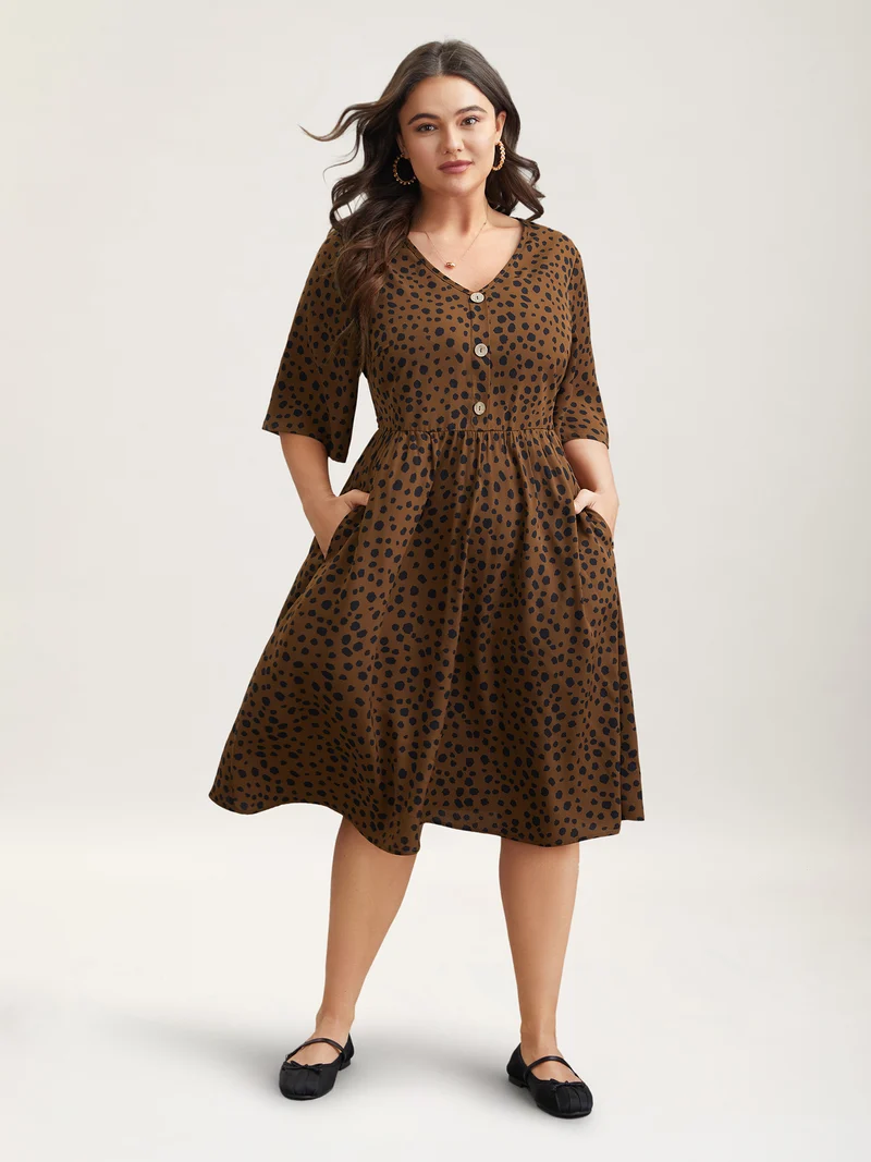 Leopard Print Button Placket Midi Dress