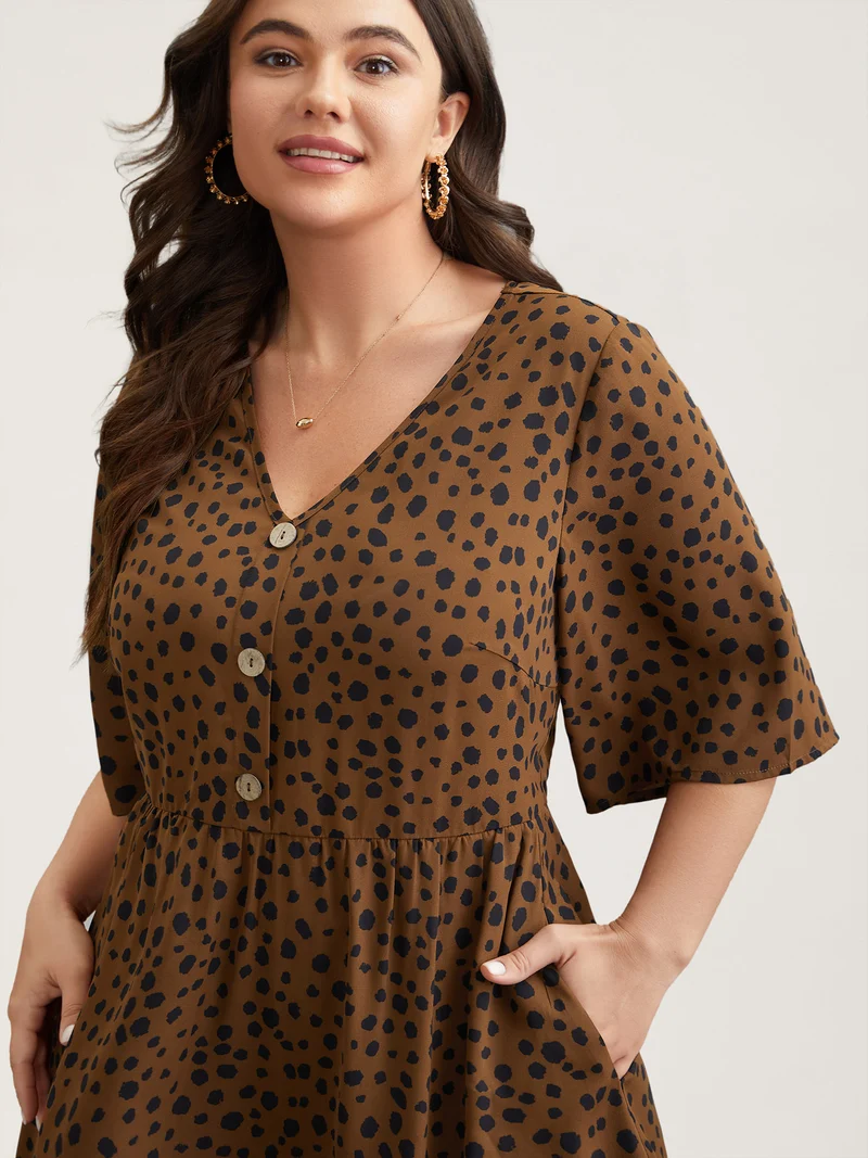 Leopard Print Button Placket Midi Dress