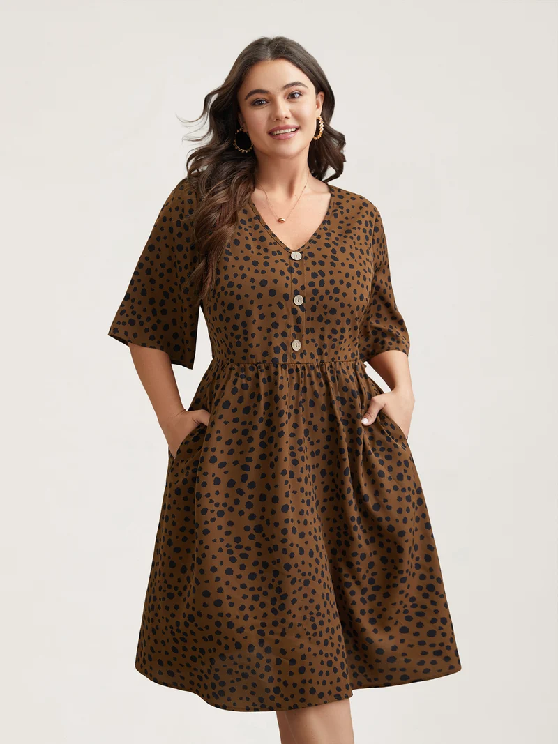 Leopard Print Button Placket Midi Dress