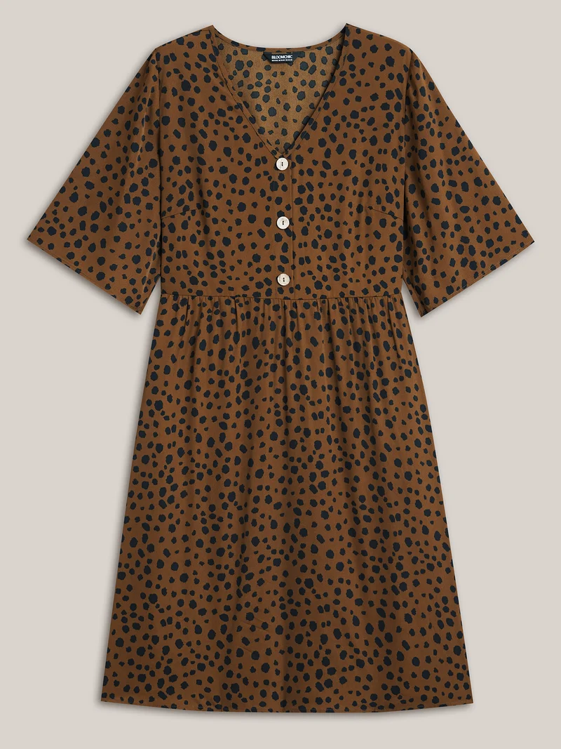 Leopard Print Button Placket Midi Dress