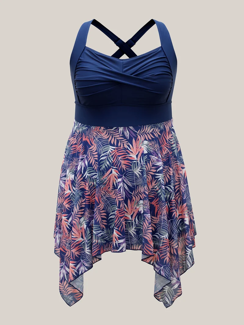 Tropical Print Mesh Twist Front Swim Dress
