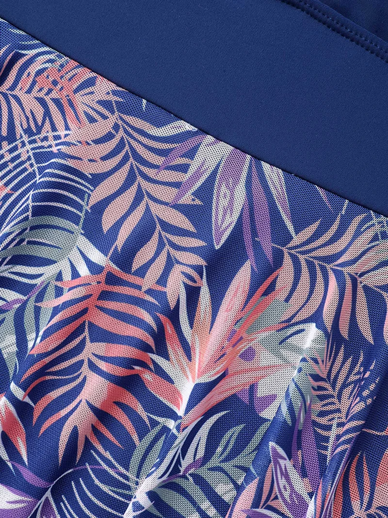 Tropical Print Mesh Twist Front Swim Dress