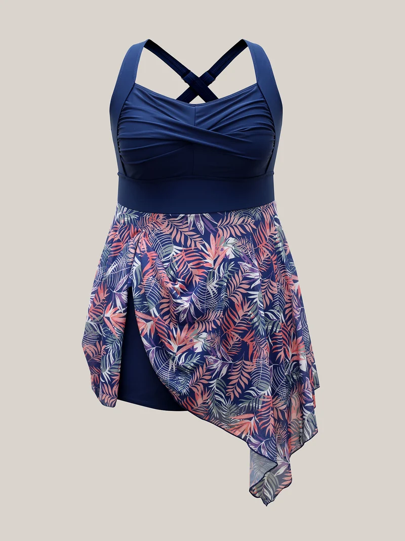 Tropical Print Mesh Twist Front Swim Dress