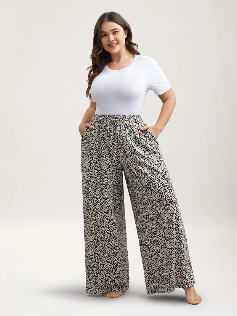 Leopard Print Waist-Drawstring Lounge Bottoms