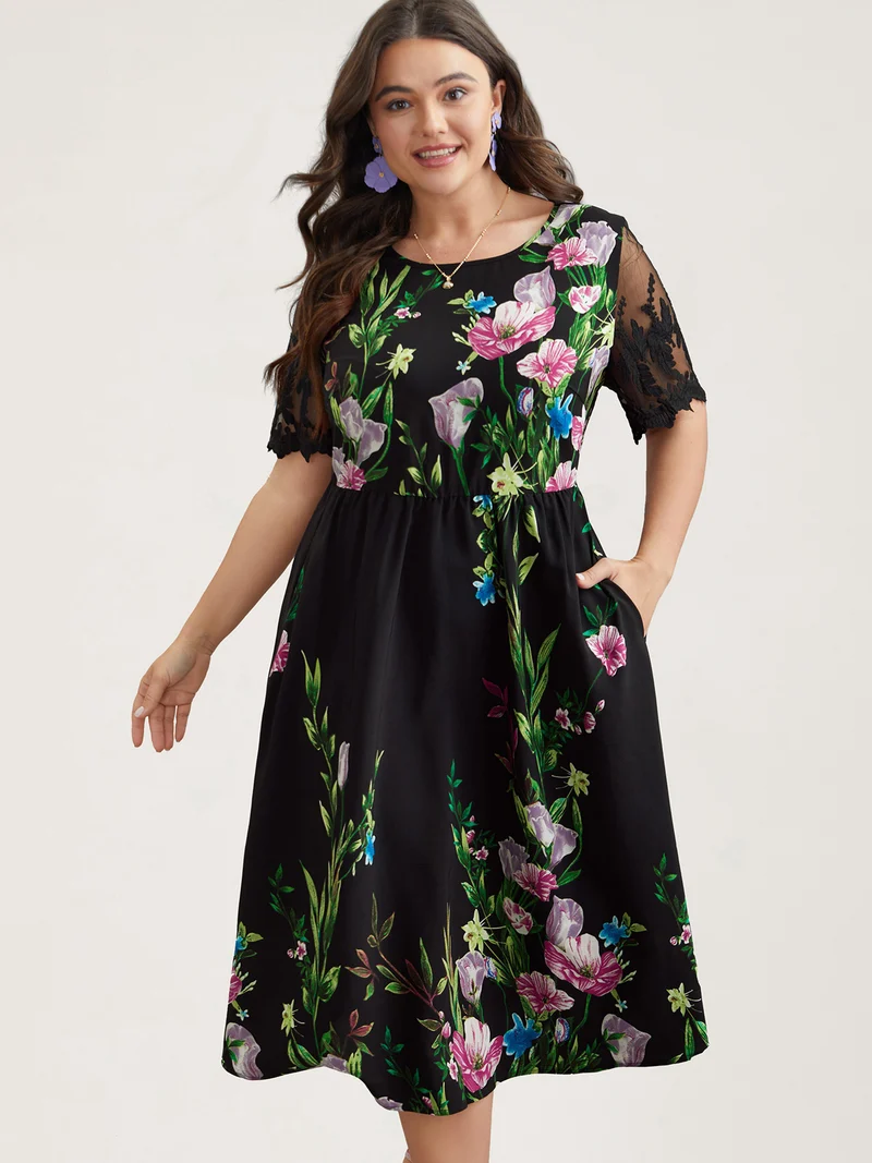 Floral Print Flared Sleeve Spliced Midi Dress