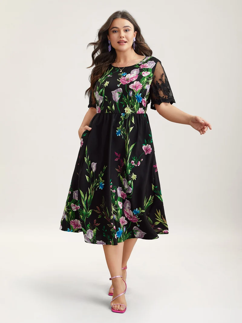 Floral Print Flared Sleeve Spliced Midi Dress