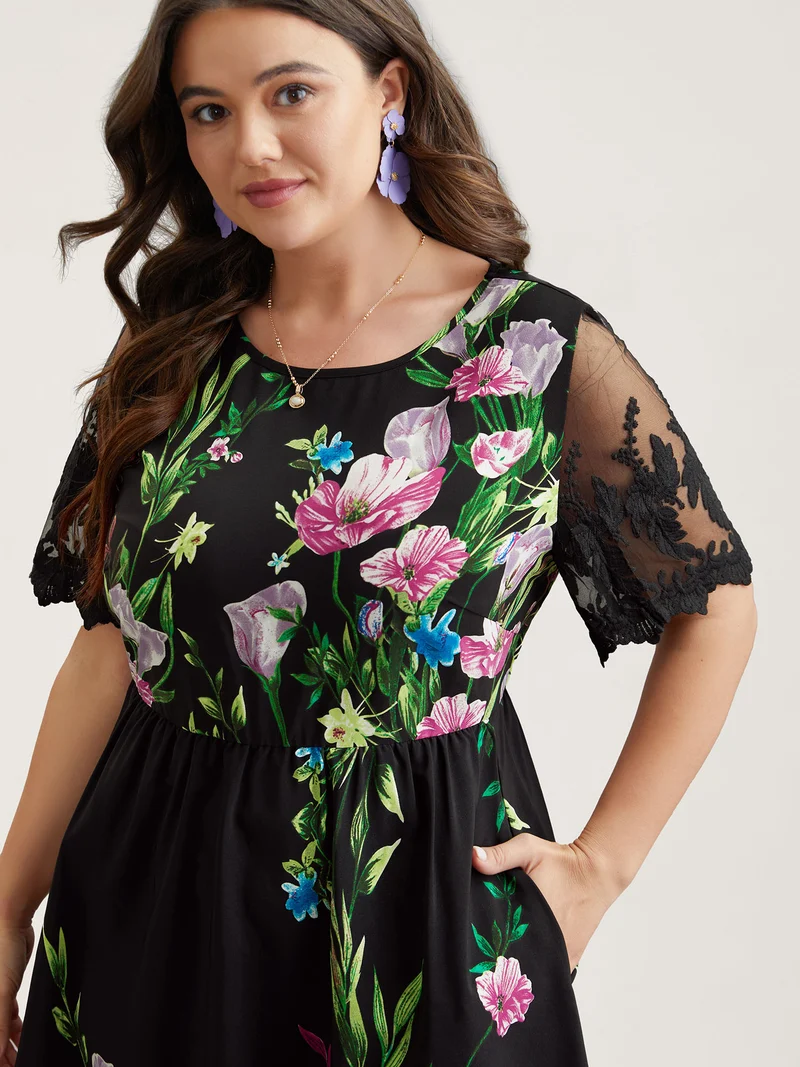 Floral Print Flared Sleeve Spliced Midi Dress