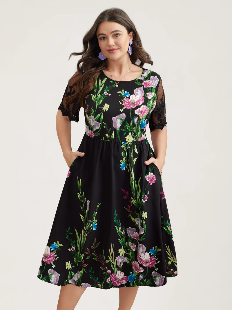 Floral Print Flared Sleeve Spliced Midi Dress