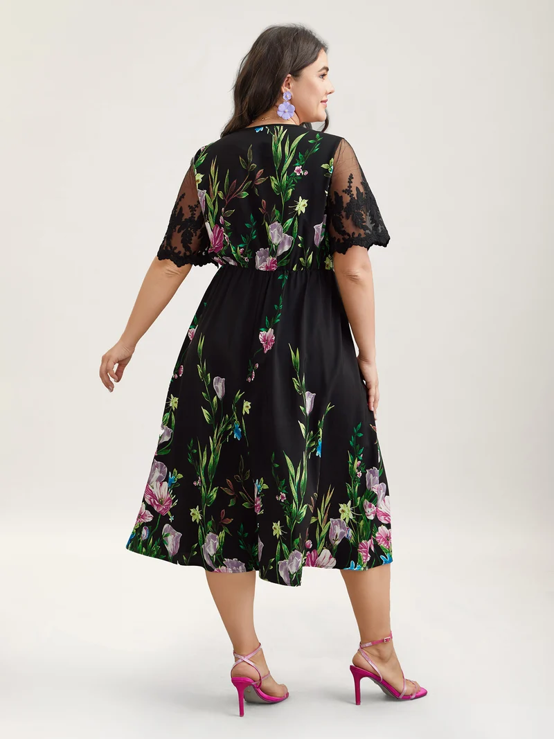 Floral Print Flared Sleeve Spliced Midi Dress
