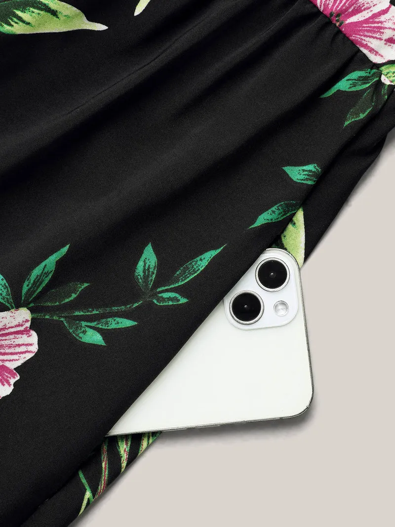 Floral Print Flared Sleeve Spliced Midi Dress