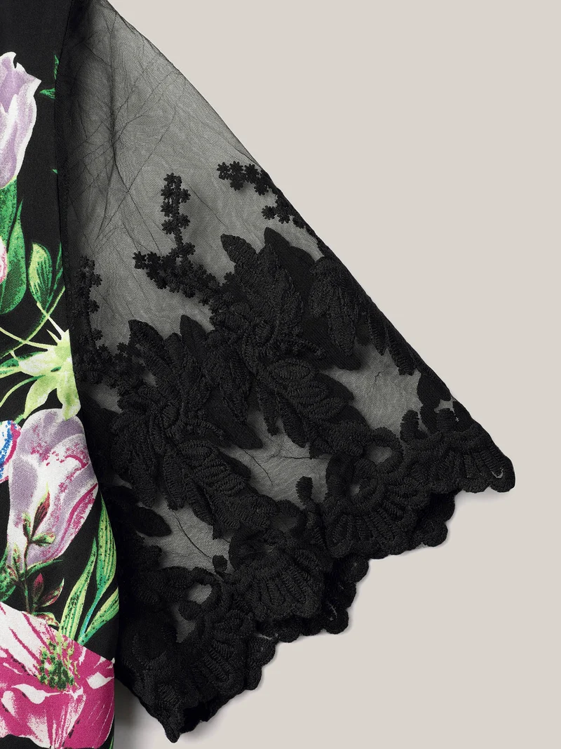 Floral Print Flared Sleeve Spliced Midi Dress
