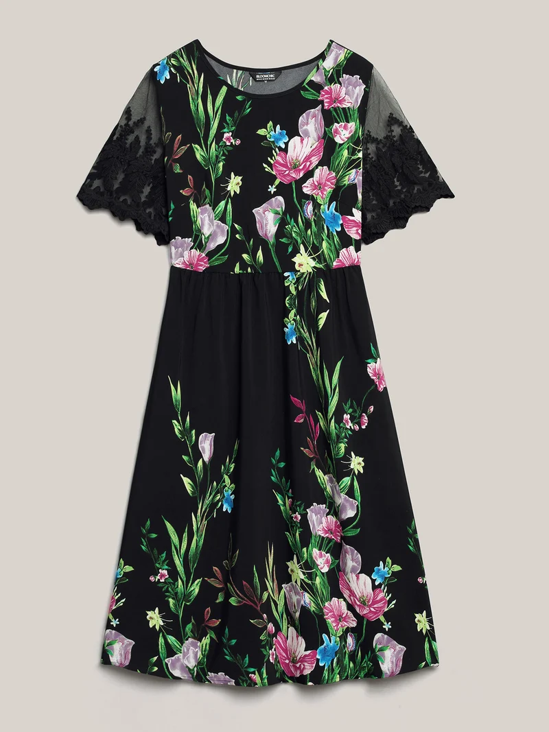 Floral Print Flared Sleeve Spliced Midi Dress
