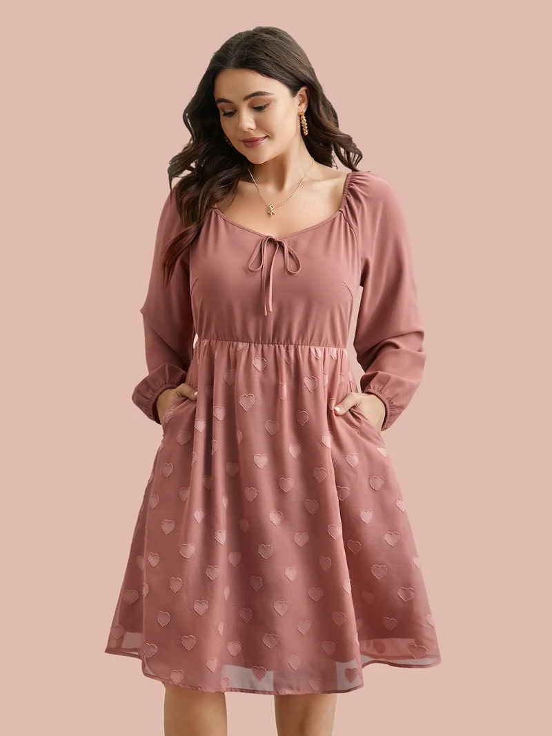 Neck-Tie Heart Pattern Gathered Dress