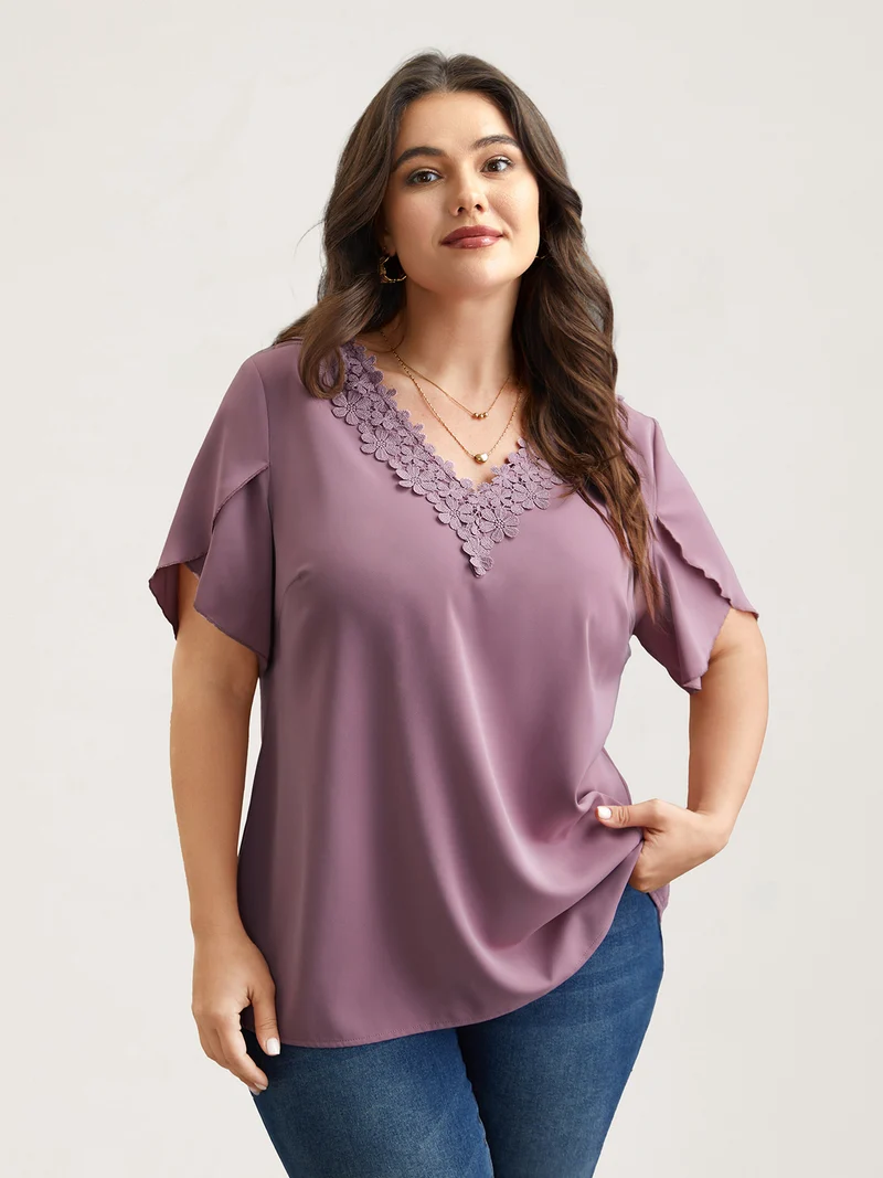 Lace V-Neck Petal Sleeve Shirt