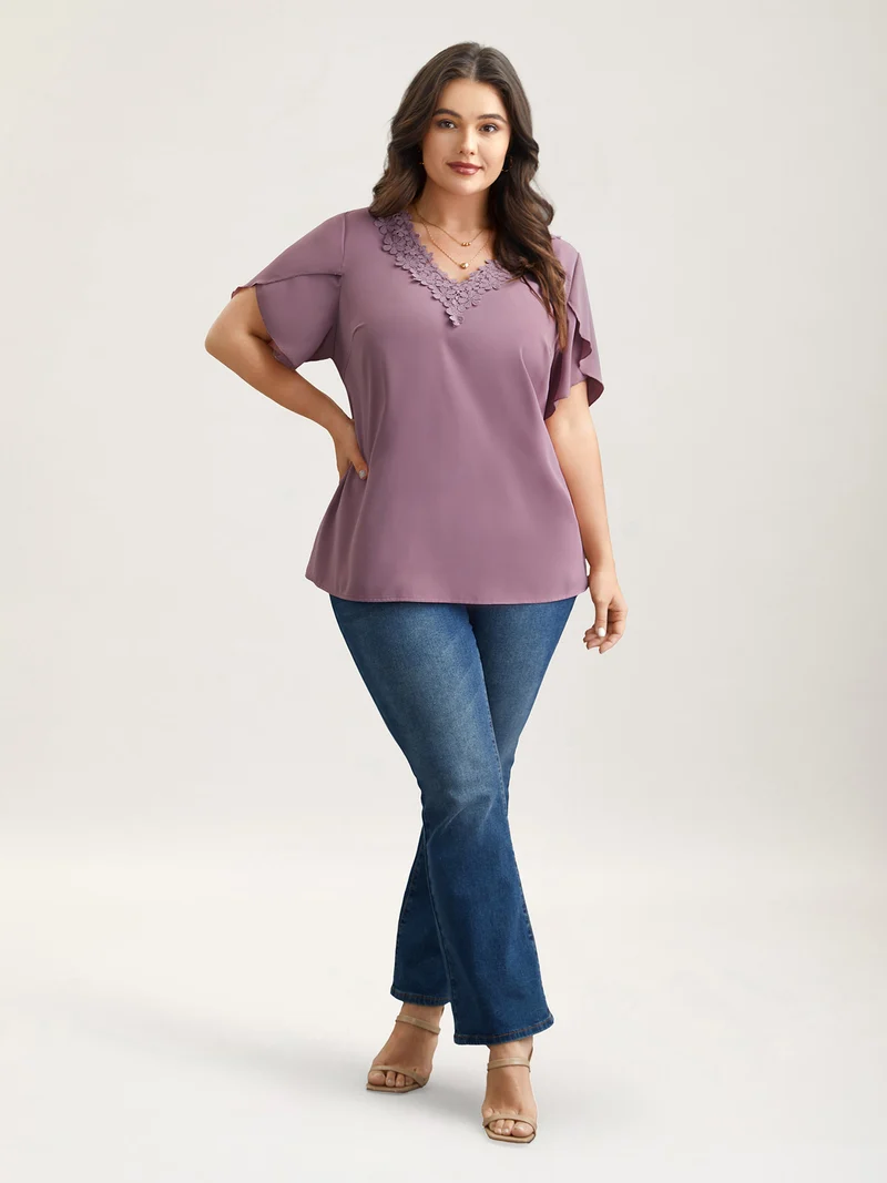 Lace V-Neck Petal Sleeve Shirt