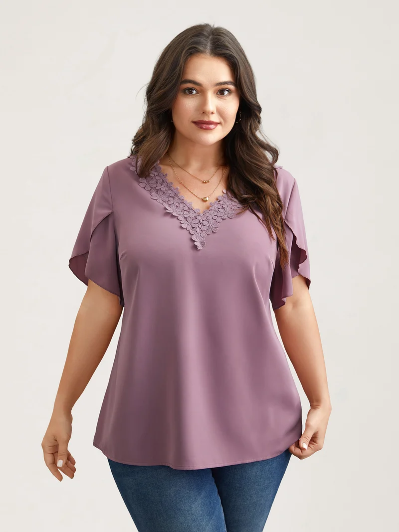 Lace V-Neck Petal Sleeve Shirt