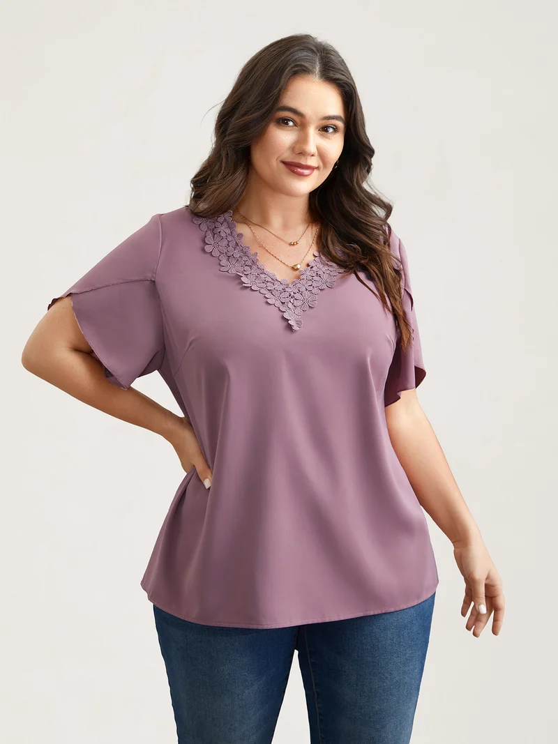 Lace V-Neck Petal Sleeve Shirt
