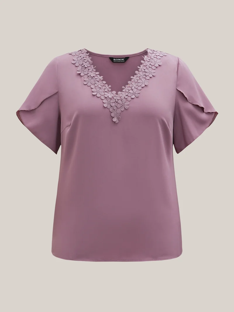 Lace V-Neck Petal Sleeve Shirt