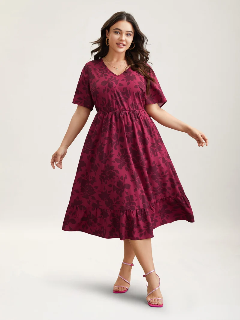 Romantic Flower Print Pockets Midi Dress