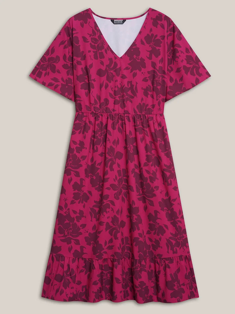 Romantic Flower Print Pockets Midi Dress