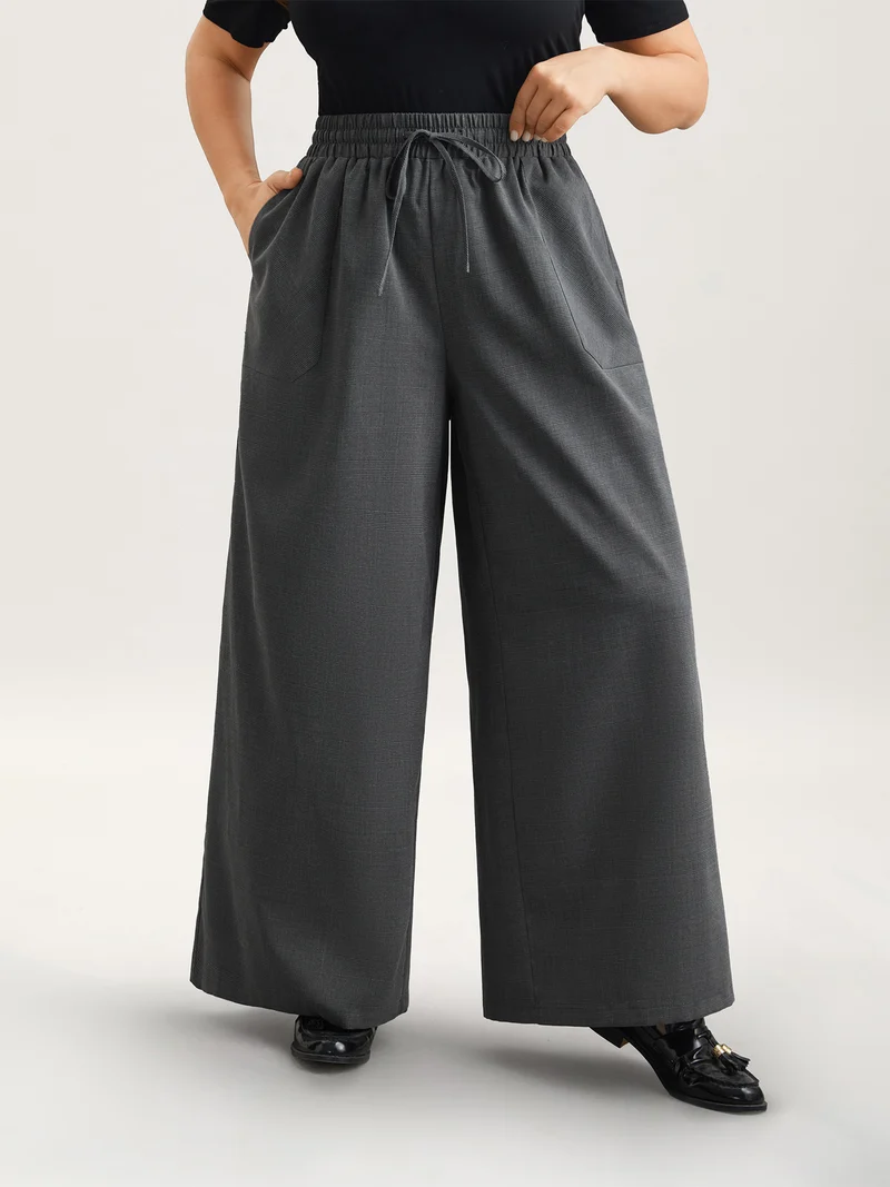 Waist Drawstring Plaid Wide Leg Pants
