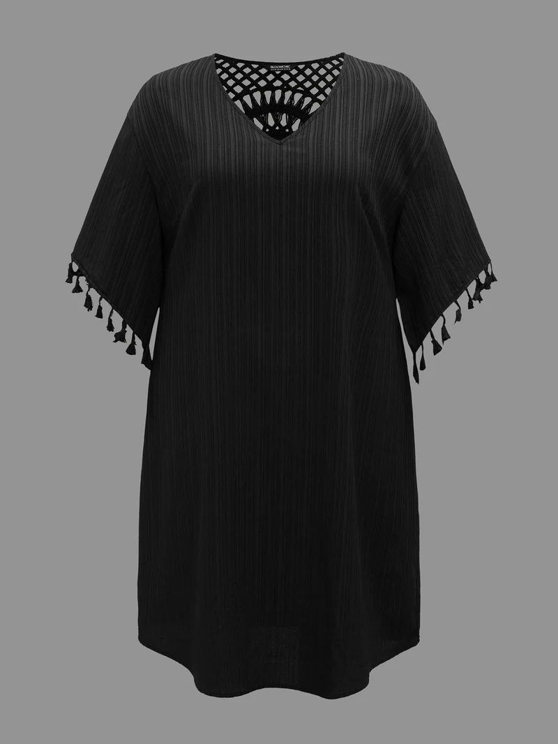 V-Neck Cut-Out Tassels Spliced Midi Dress