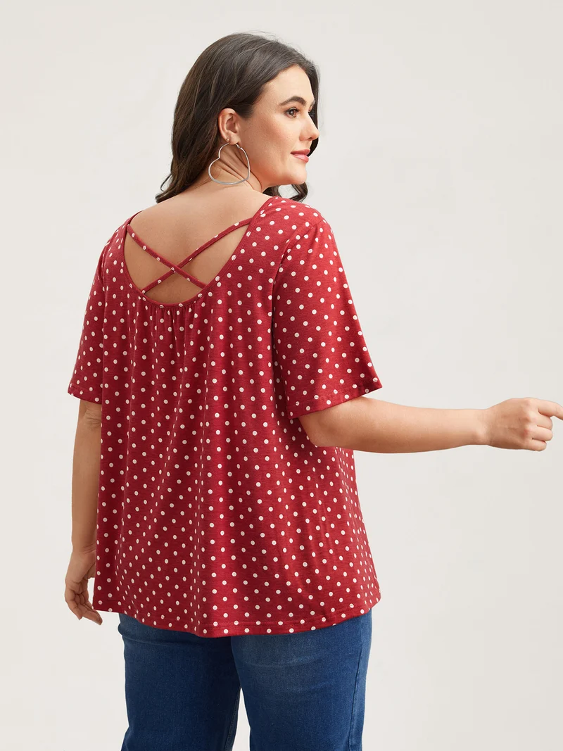 Polka Dot Back-Tie Flared Sleeve T-Shirt