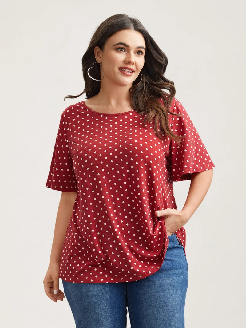 Polka Dot Back-Tie Flared Sleeve T-Shirt