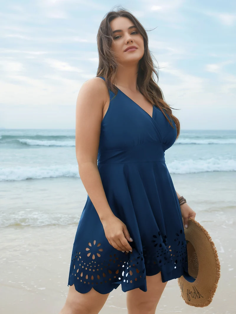 Laser Cut Surplice Neck Waist-Cinched Swim Dress