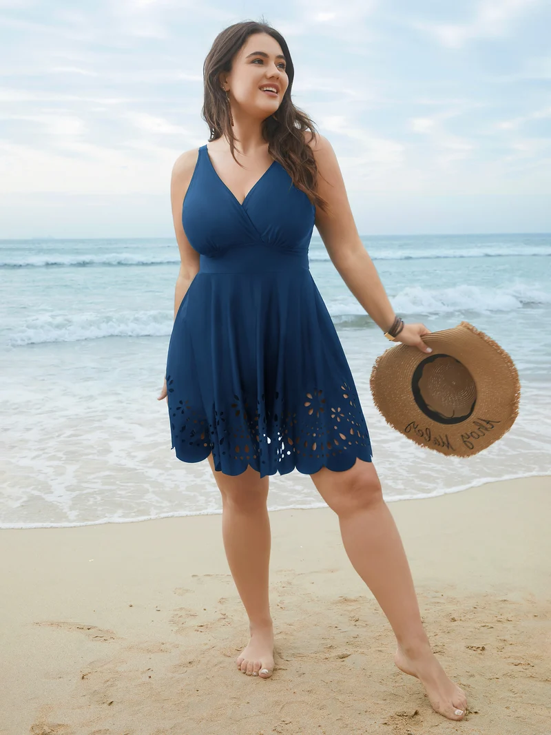 Laser Cut Surplice Neck Waist-Cinched Swim Dress
