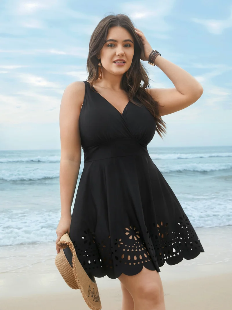 Laser Cut Surplice Neck Waist-Cinched Swim Dress