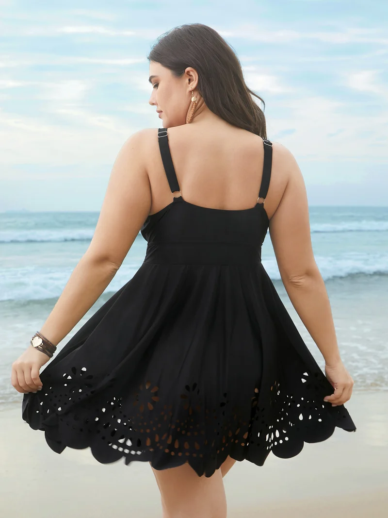 Laser Cut Surplice Neck Waist-Cinched Swim Dress