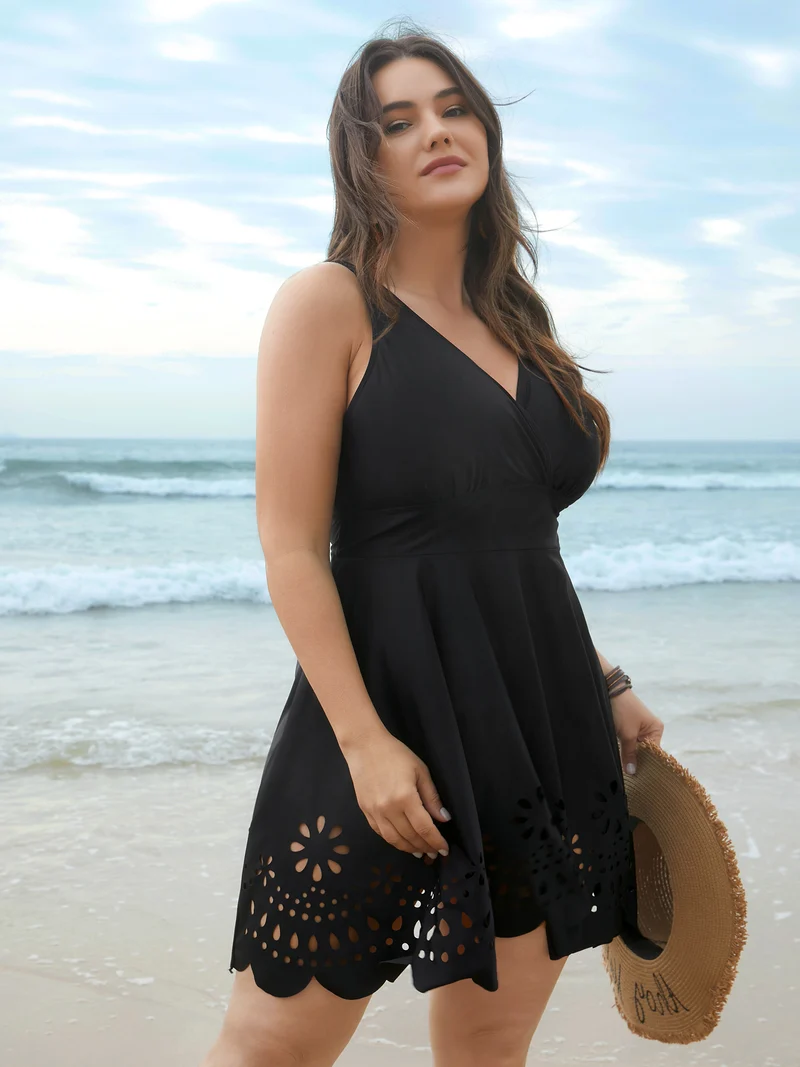 Laser Cut Surplice Neck Waist-Cinched Swim Dress