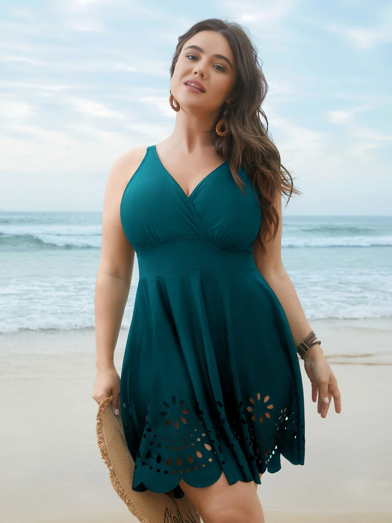 Laser Cut Surplice Neck Waist-Cinched Swim Dress