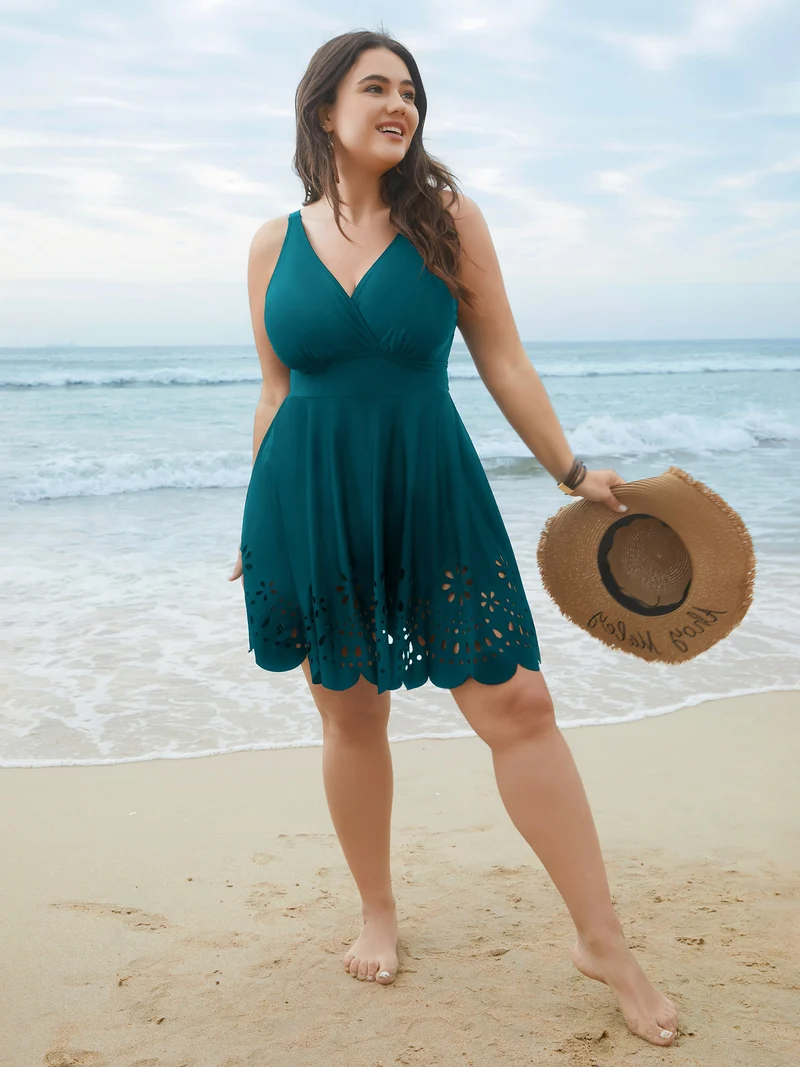 Laser Cut Surplice Neck Waist-Cinched Swim Dress