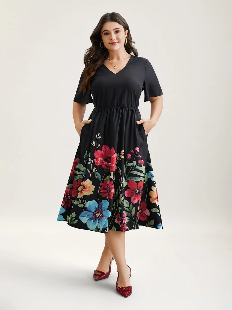 Floral Print V-Neck Half-Sleeve Midi Dress