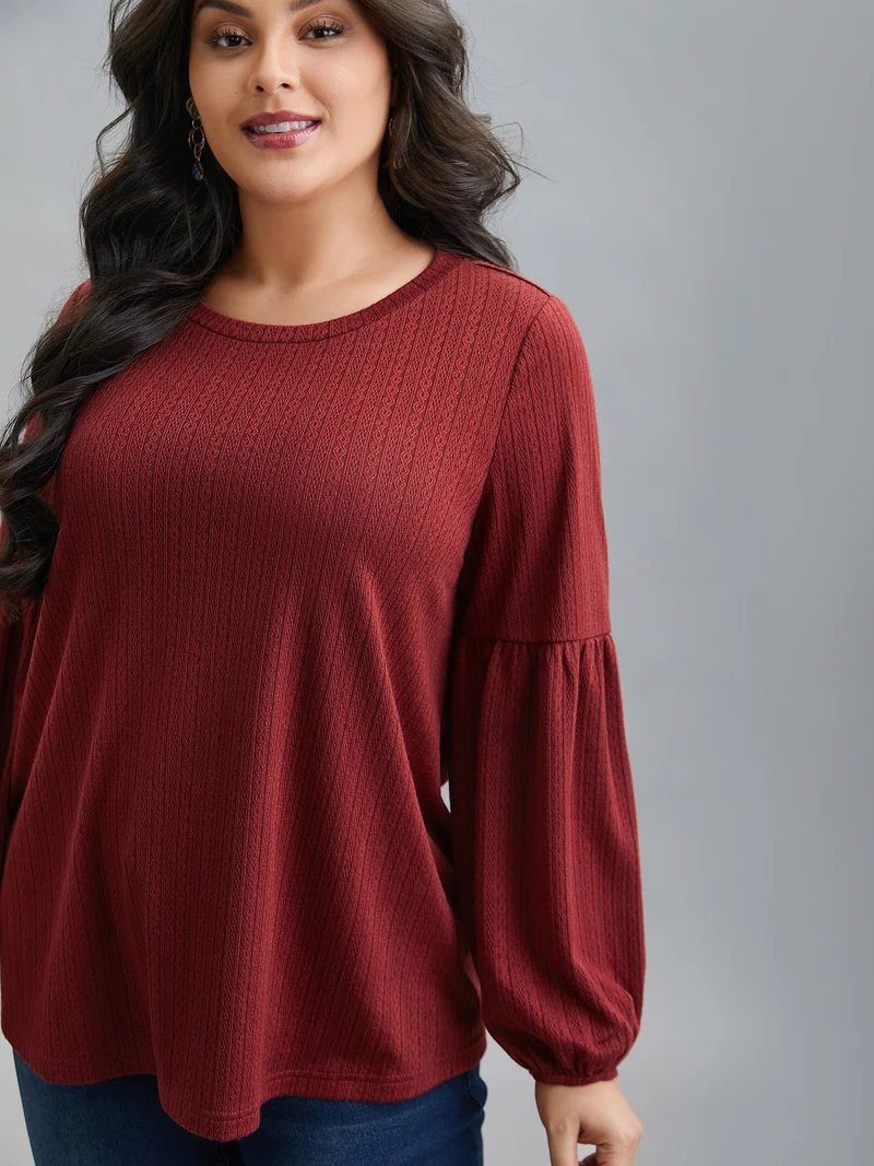 Balloon Sleeve Textured Round Neck T-Shirt
