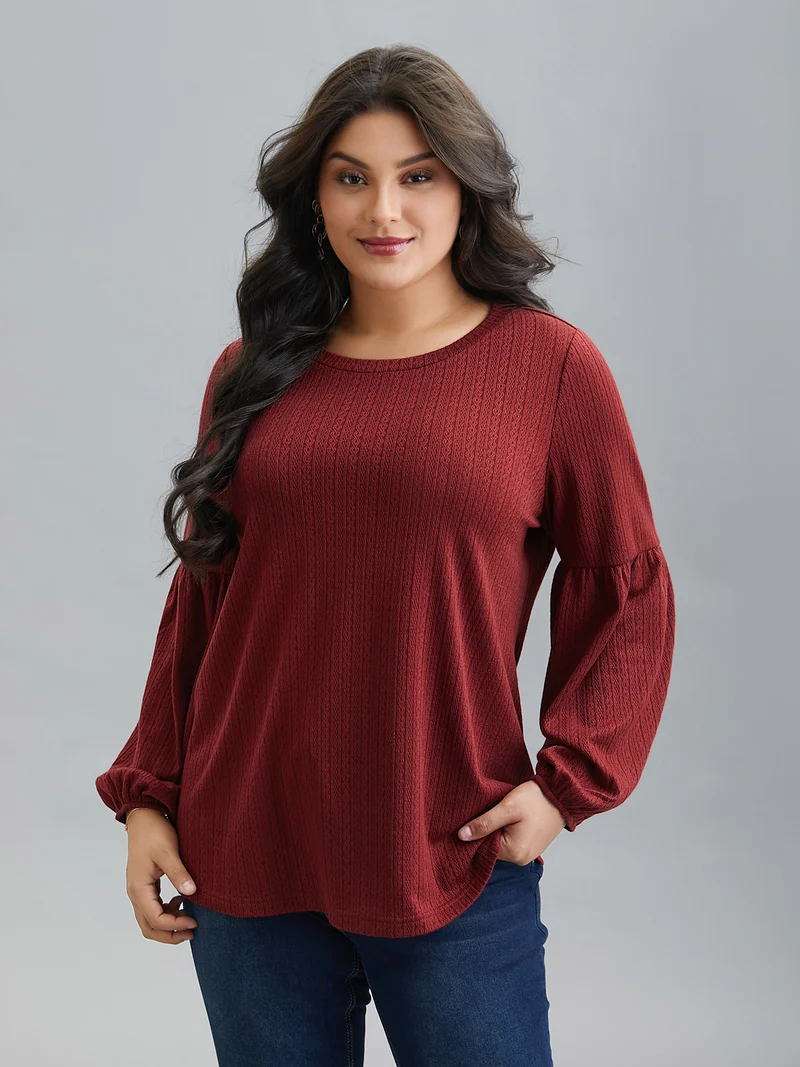 Balloon Sleeve Textured Round Neck T-Shirt