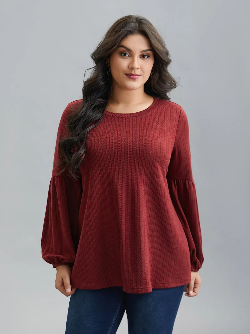 Balloon Sleeve Textured Round Neck T-Shirt