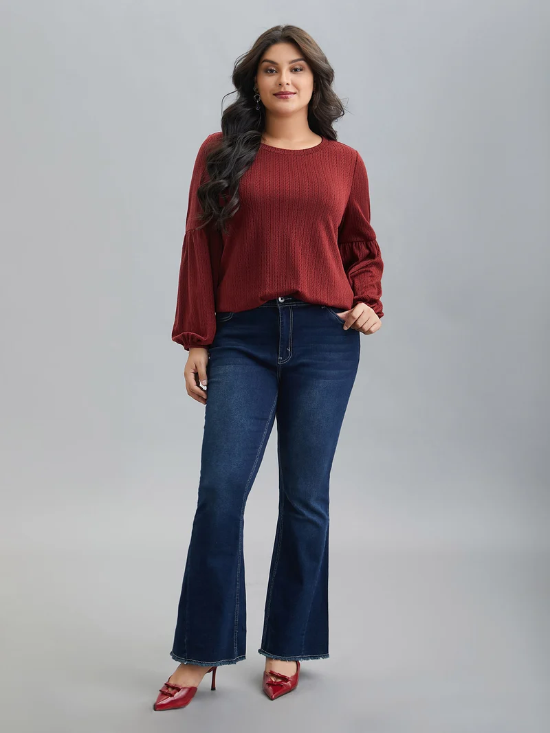 Balloon Sleeve Textured Round Neck T-Shirt