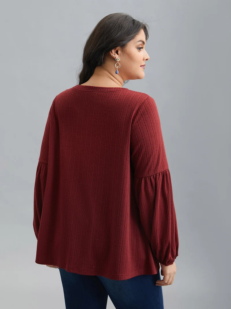 Balloon Sleeve Textured Round Neck T-Shirt