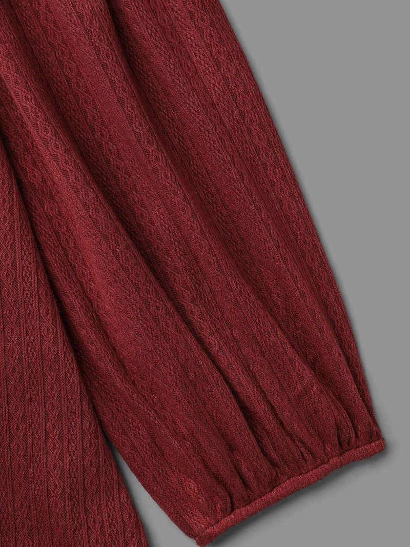 Balloon Sleeve Textured Round Neck T-Shirt