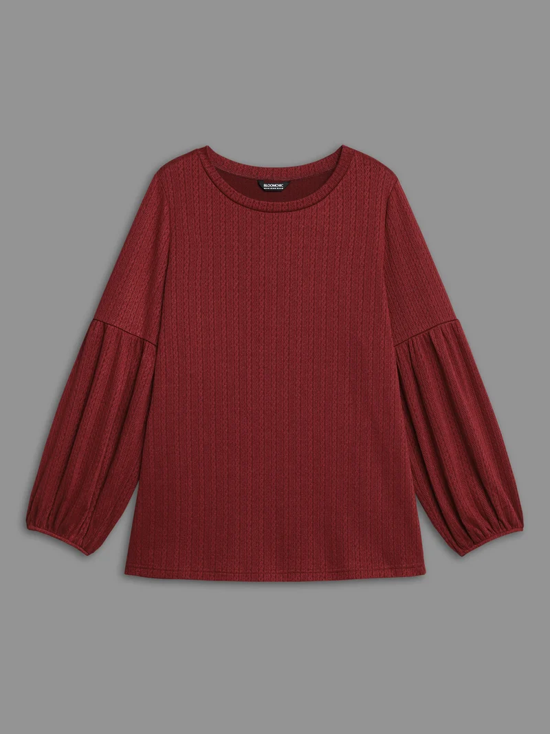 Balloon Sleeve Textured Round Neck T-Shirt