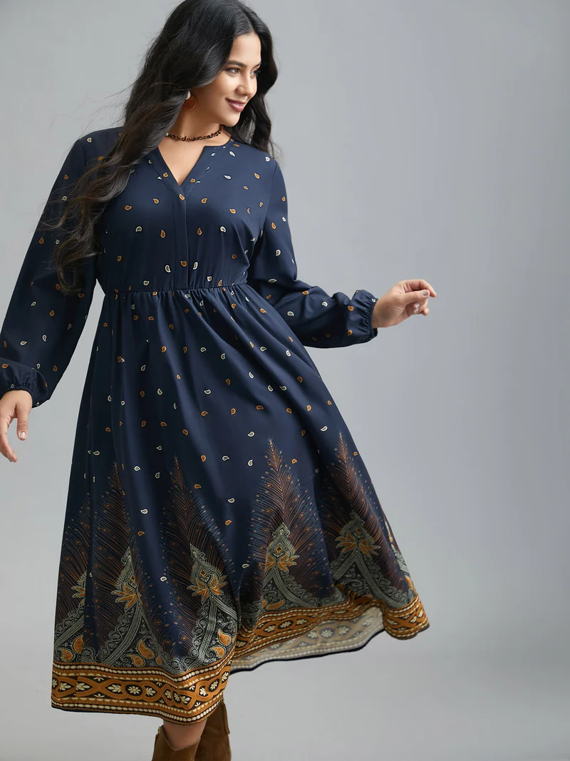 Notched Collar Boho Print Contrast Dress