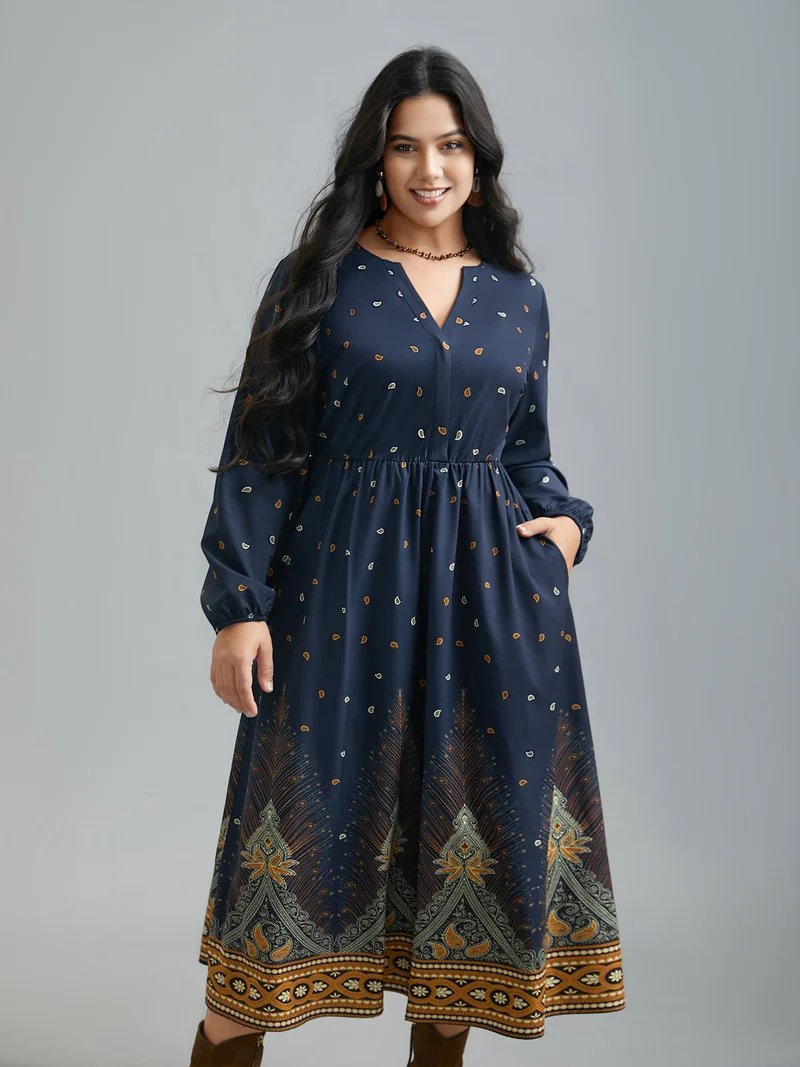Notched Collar Boho Print Contrast Dress