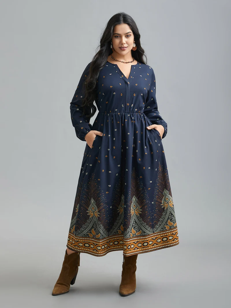 Notched Collar Boho Print Contrast Dress