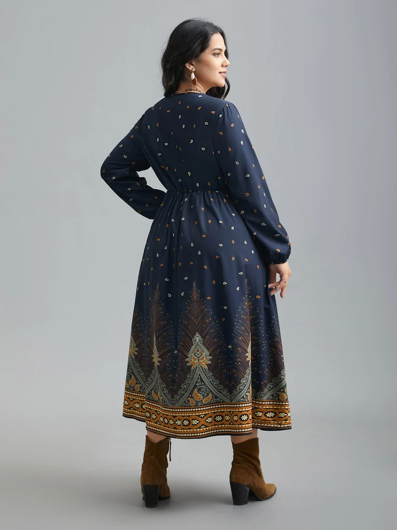 Notched Collar Boho Print Contrast Dress