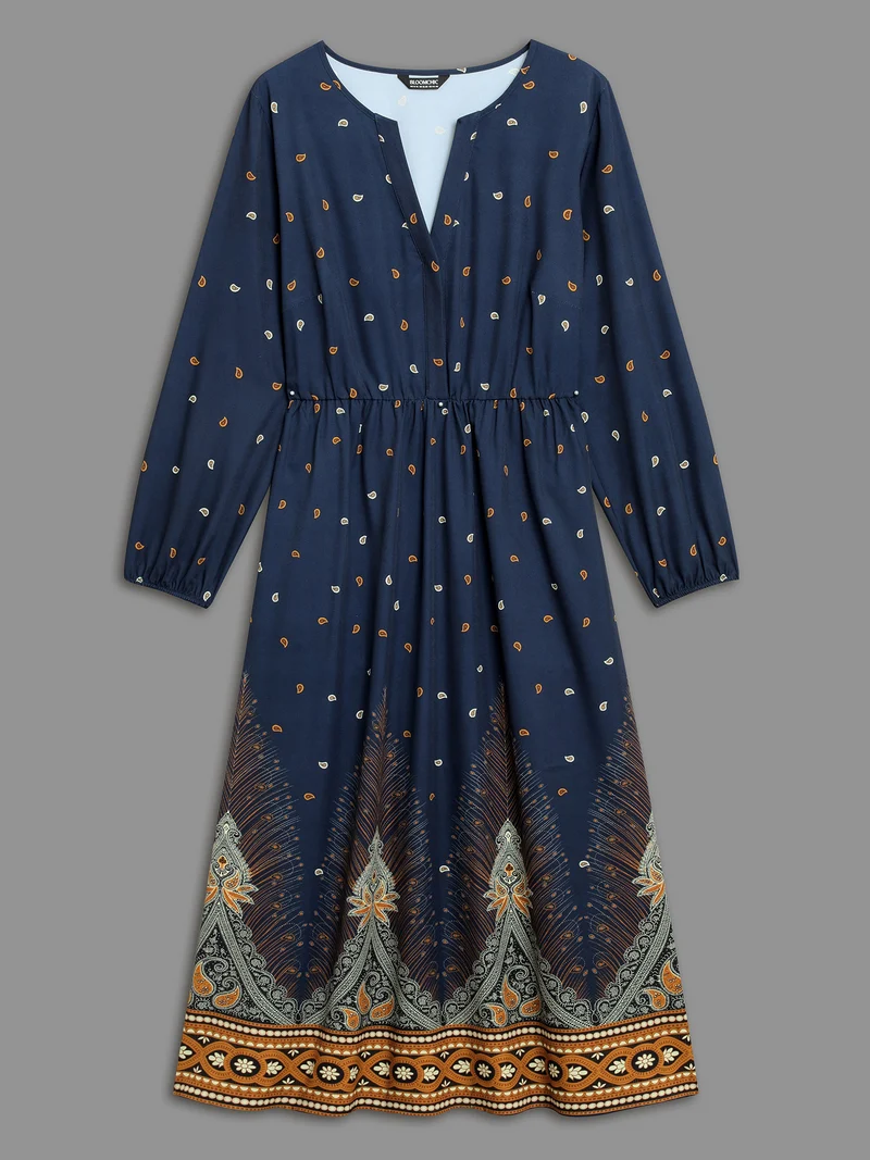 Notched Collar Boho Print Contrast Dress