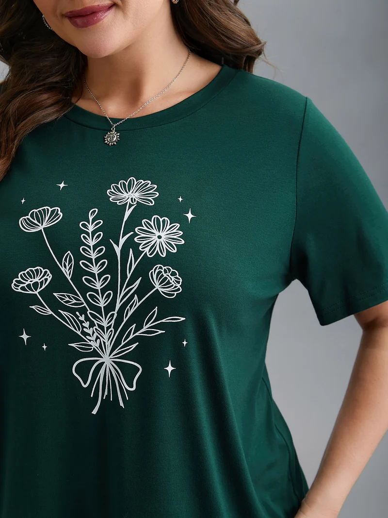 Floral Motif Round Neck Fitted T-Shirt