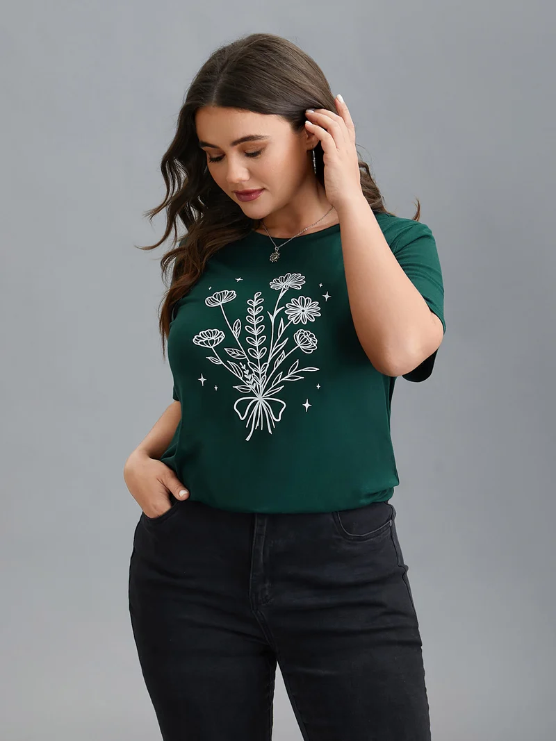 Floral Motif Round Neck Fitted T-Shirt